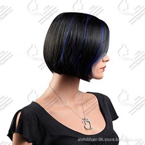 Wholesale heat resistant synthetic blue and brown short bob wigs natural straight hair wig for women